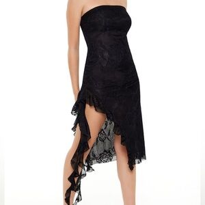 Black Ruffle Lace Midi Strapless Dress